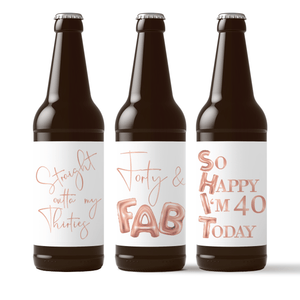 40th Birthday Rose Gold Balloons Beer Labels - 6 Pack