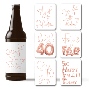 40th Birthday Rose Gold Balloons Beer Labels - 6 Pack