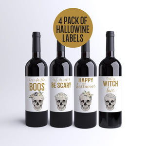 Halloween Wine Labels Happy Hallowine - 4 Funny Halloween Party Decor Here For Boos Pretty Skulls Resting Witch Face Wine Bottle Labels 9270