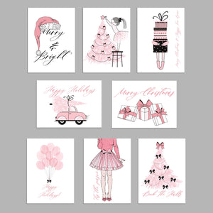 Girly Pink Holiday Christmas Cards - 24 Pack