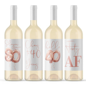 40th Birthday Rose Gold Balloon Wine Labels - 4 Pack