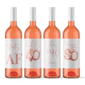 40th Birthday Rose Gold Balloon Wine Labels - 4 Pack
