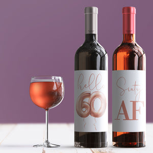 60th Birthday Rose Gold Balloon Wine Labels - 4 Pack