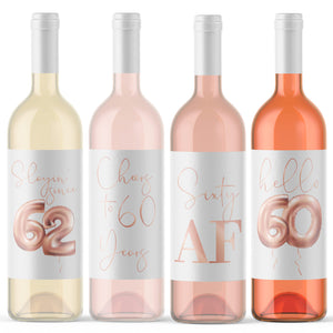 60th Birthday Rose Gold Balloon Wine Labels - 4 Pack