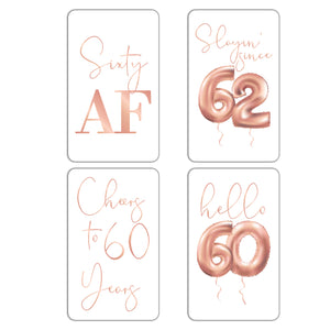 60th Birthday Rose Gold Balloon Wine Labels - 4 Pack