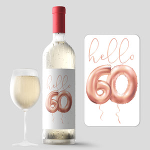 60th Birthday Rose Gold Balloon Wine Labels - 4 Pack