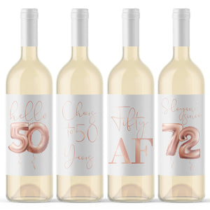 50th Birthday Rose Gold Balloon Wine Labels - 4 Pack