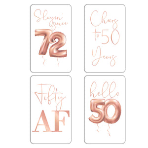 50th Birthday Rose Gold Balloon Wine Labels - 4 Pack