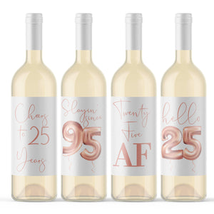 25th Birthday Rose Gold Balloon Wine Labels - 4 Pack