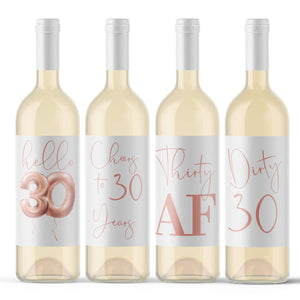 Dirty 30 Birthday Rose Gold Balloon Wine Labels - 4 Pack