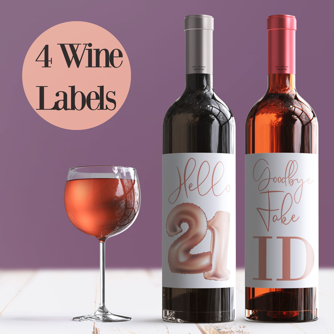 21st Birthday Rose Gold Balloon Wine Labels - 4 Pack