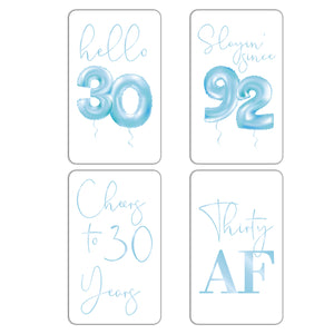 30th Birthday Blue Balloon Wine Labels - 4 Pack
