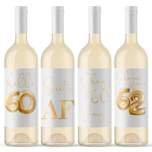 60th Birthday Gold Balloon Wine Labels - 4 Pack