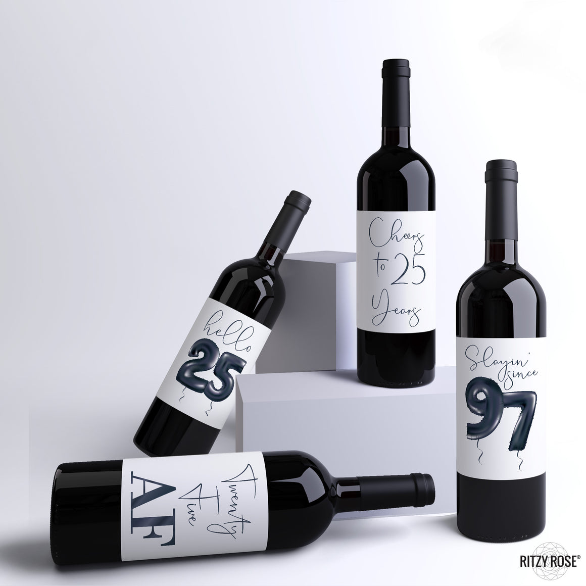 25th Birthday Black Balloon Wine Labels - 4 Pack