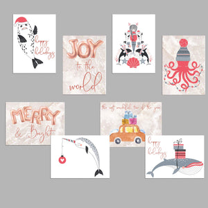 Coral Pink Nautical Christmas Cards - 24 Pack