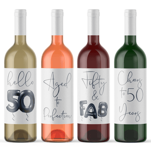 Fifty and Fab 50th Birthday Black Balloon Wine Labels - 4 Pack