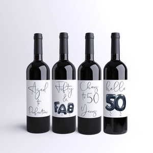 Fifty and Fab 50th Birthday Black Balloon Wine Labels - 4 Pack