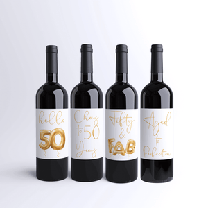 Fifty and Fab 50th Birthday Gold Balloon Wine Labels - 4 Pack