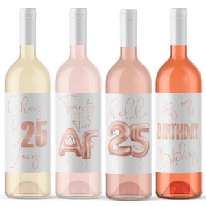 25th Birthday Rose Gold Balloon Wine Labels - 4 Pack
