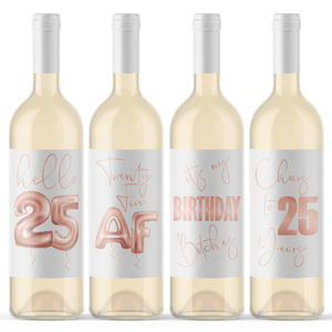 25th Birthday Rose Gold Balloon Wine Labels - 4 Pack