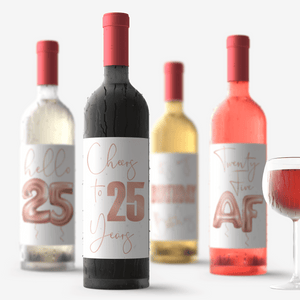 25th Birthday Rose Gold Balloon Wine Labels - 4 Pack