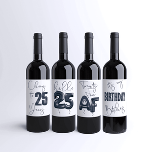 25th Birthday Black Balloon Wine Labels - 4 Pack