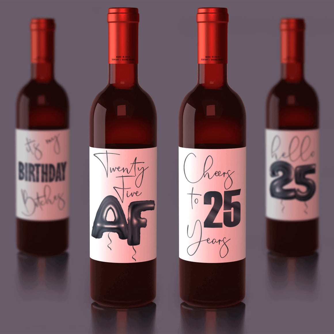 25th Birthday Black Balloon Wine Labels - 4 Pack