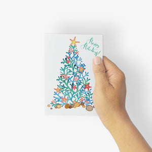 24 Ocean Christmas Tree Cards in 2 Colorful Beach Illustrations + Envelopes
