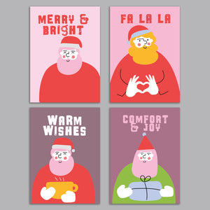 24 Pink Santa Christmas Cards in 4 Modern Colorful Illustrations + Envelopes