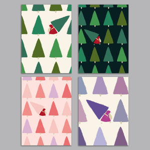 24 Santa Stealing a Christmas Tree Pattern Cards in 4 Colorful Modern Illustrations + Envelopes