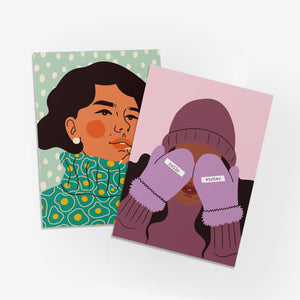 24 Diverse Winter Girls Greeting Cards in 4 Colorful Illustrations - w/ Envelopes