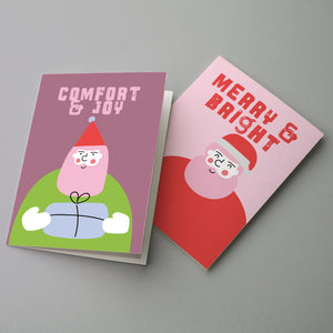 24 Pink Santa Christmas Cards in 4 Modern Colorful Illustrations + Envelopes