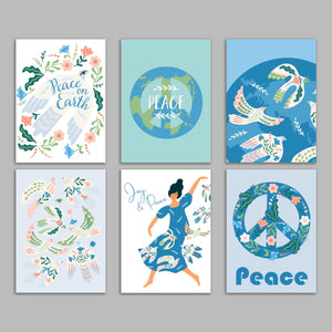24 Blue Peace on Earth Holiday Cards in 6 Folksy Designs + Envelope