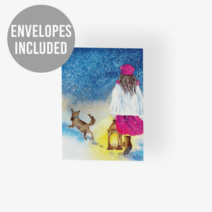 24 Nostalgic Snowy Night w/ Girl and Her Dog Holiday Cards w/ Envelopes