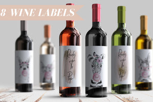 Ready To Pop Baby Shower Wine Bottle Labels 8 Whimsical Baby Animal Wine Stickers for Shower Gift or Decor Woodland Creature Pink Gold 9237