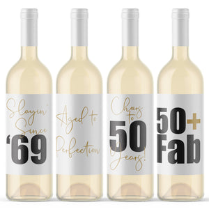 50th Birthday Party Wine Bottle Labels Pack of 4 Funny Wine Labels Slayin' Since '69 50th Bday Party Stickers Aged to Perfection 50 Fab 9219