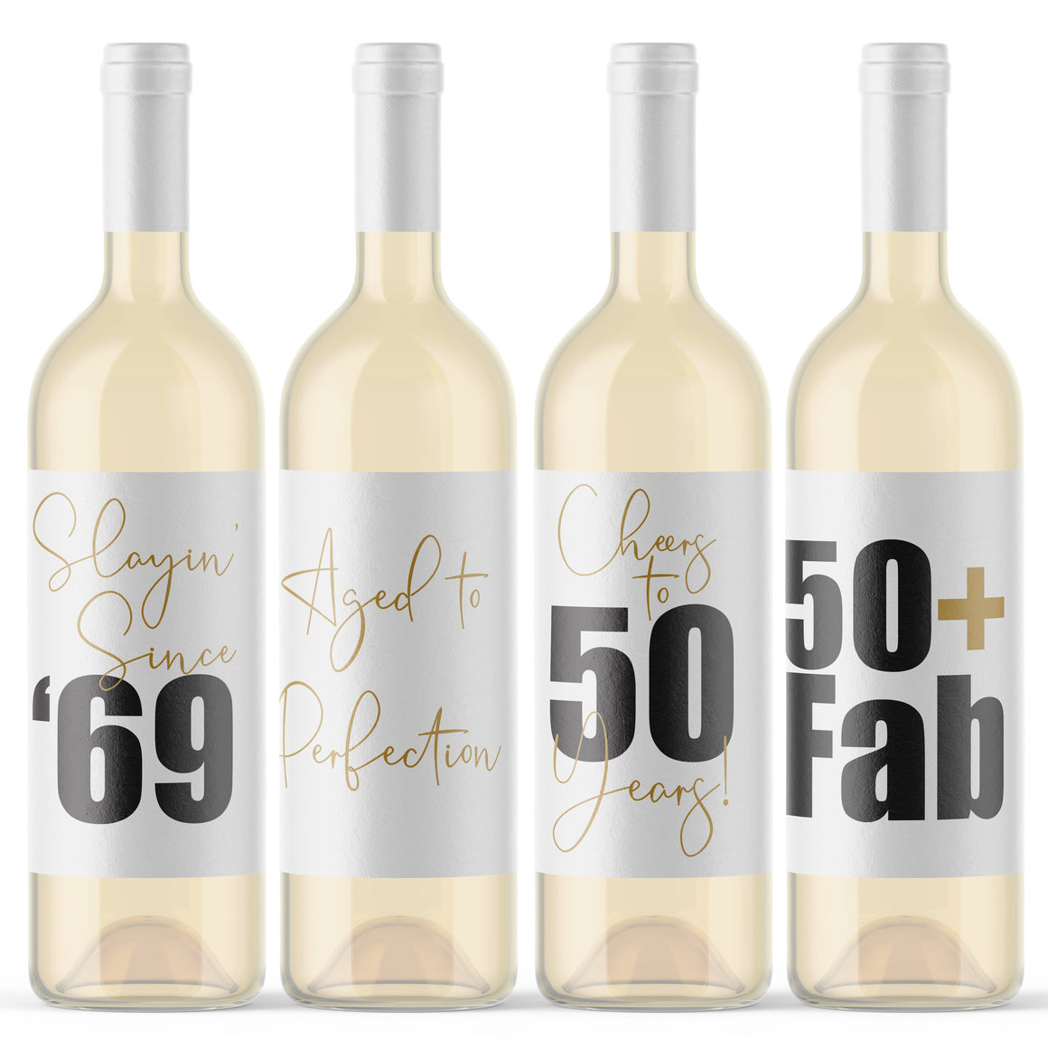 50th Birthday Party Wine Bottle Labels Pack of 4 Funny Wine Labels Slayin' Since '69 50th Bday Party Stickers Aged to Perfection 50 Fab 9219
