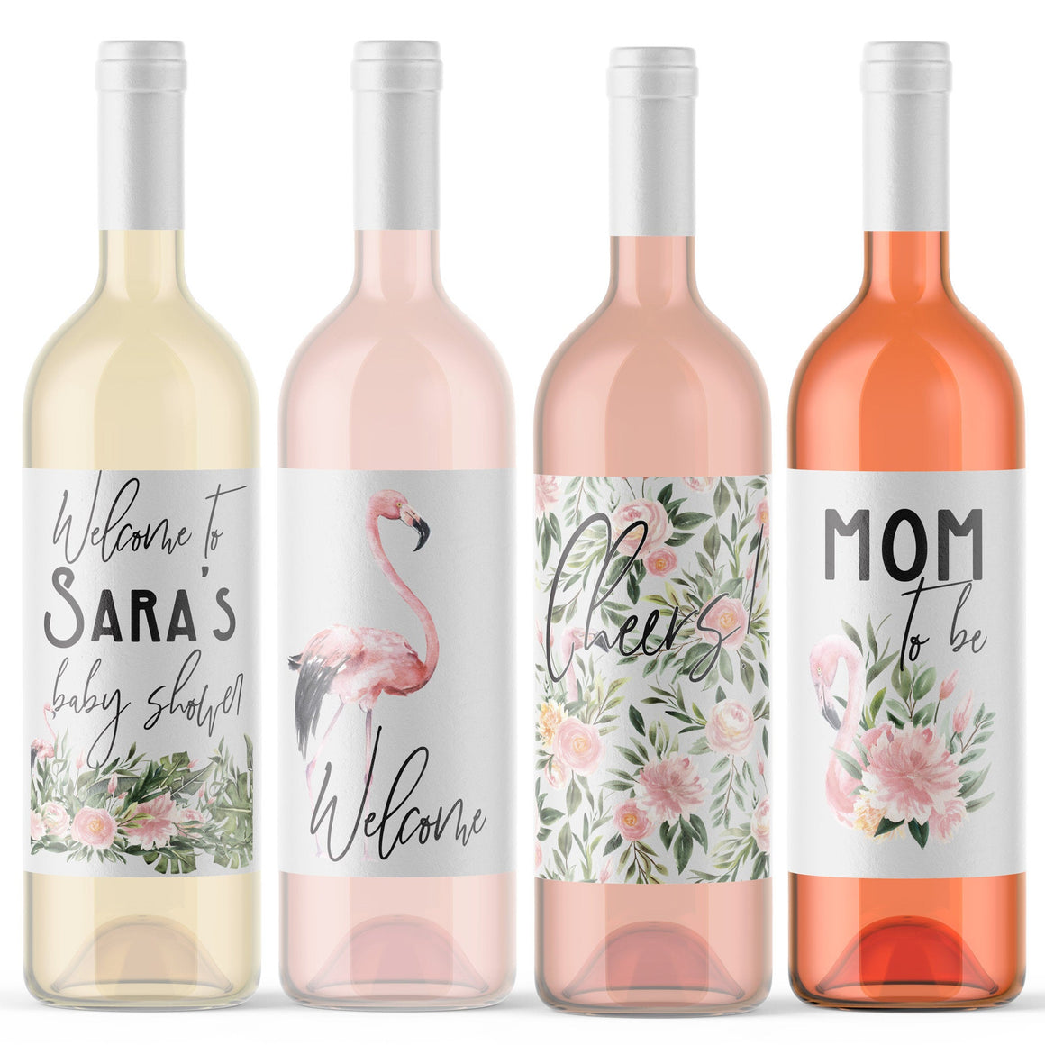 Personalized Baby Shower Wine Labels - Flamingo & Flower 4 Pack of Mom to Be Baby Shower Wine Bottle Labels Custom With Mama's Name 9240