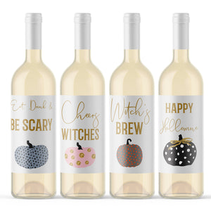Halloween Wine Labels Happy Hallowine - 4 Funny Halloween Party Decor Cheers Witches Brew Eat Drink Be Scary Wine Bottle Labels Decor 9269