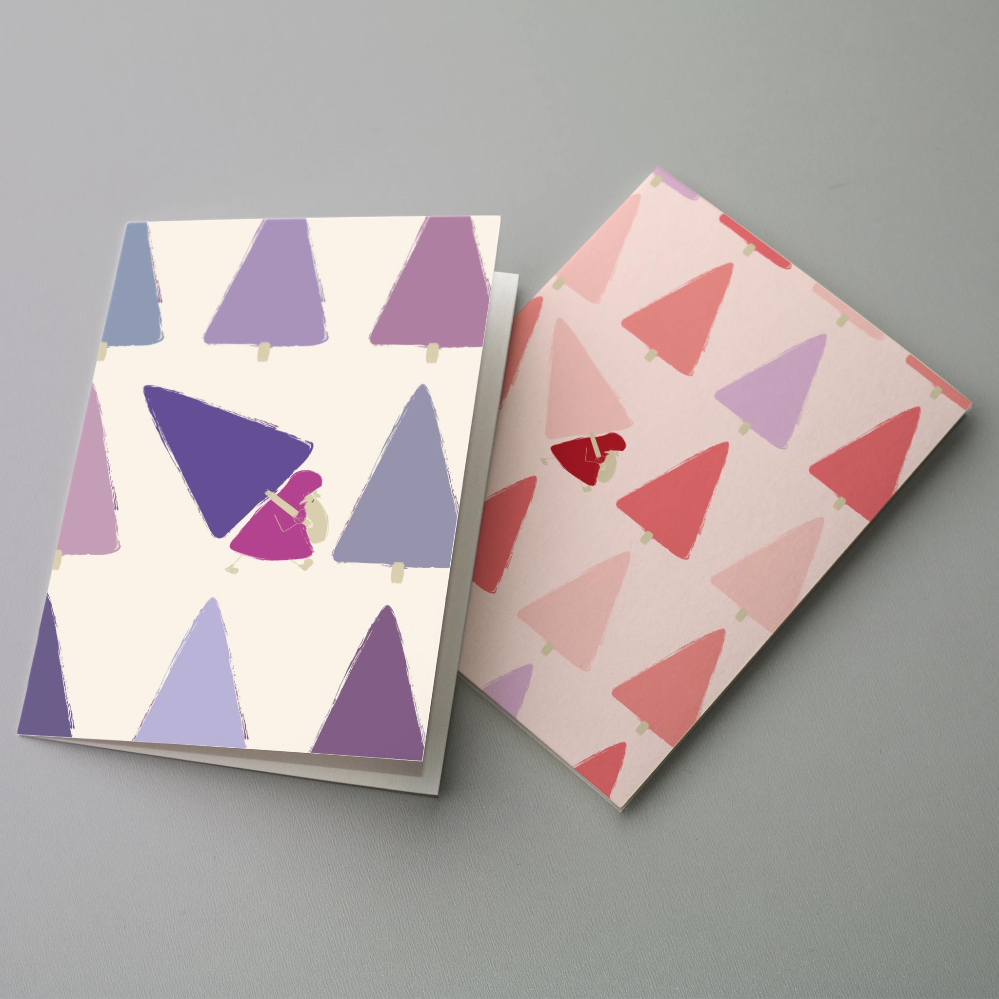 24 Santa Stealing a Christmas Tree Pattern Cards in 4 Colorful Modern Illustrations + Envelopes