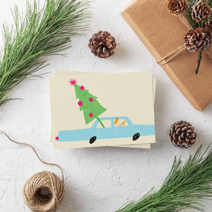 24 Vintage Cars with Christmas Trees Holiday Cards in 4 Colorful Retro Designs + Envelopes