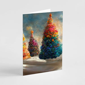 24 Magical Snowy Rainbow Christmas Tree Cards in 4 Colorful Uplifting Illustrations + Envelopes