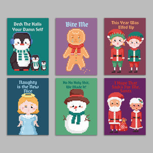 24 Arcade Video Game Character Christmas Cards in 6 Colorful Pixelated Designs + Envelopes