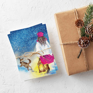 24 Nostalgic Snowy Night w/ Girl and Her Dog Holiday Cards w/ Envelopes