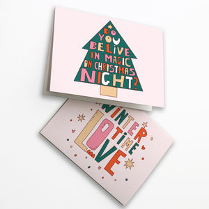 24 Pink and Green Boho Merry Christmas Cards + Envelopes