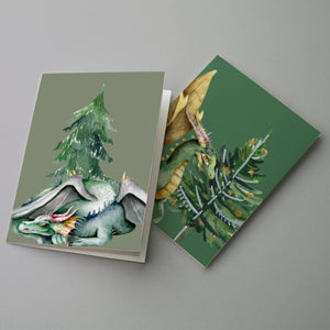 24 Whimsical Dragon Christmas Tree Cards + Envelopes