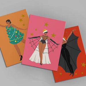 24 Spooky Girls Retro Christmas Cards in 12 Colorful Fashion Illustrations + Envelopes