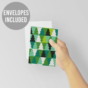 24 Modern Green Tree Pattern Christmas Cards + Envelopes