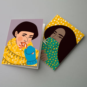 24 Diverse Winter Girls Greeting Cards in 4 Colorful Illustrations - w/ Envelopes