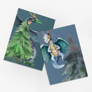 24 Whimsical Dragon Christmas Tree Cards + Envelopes